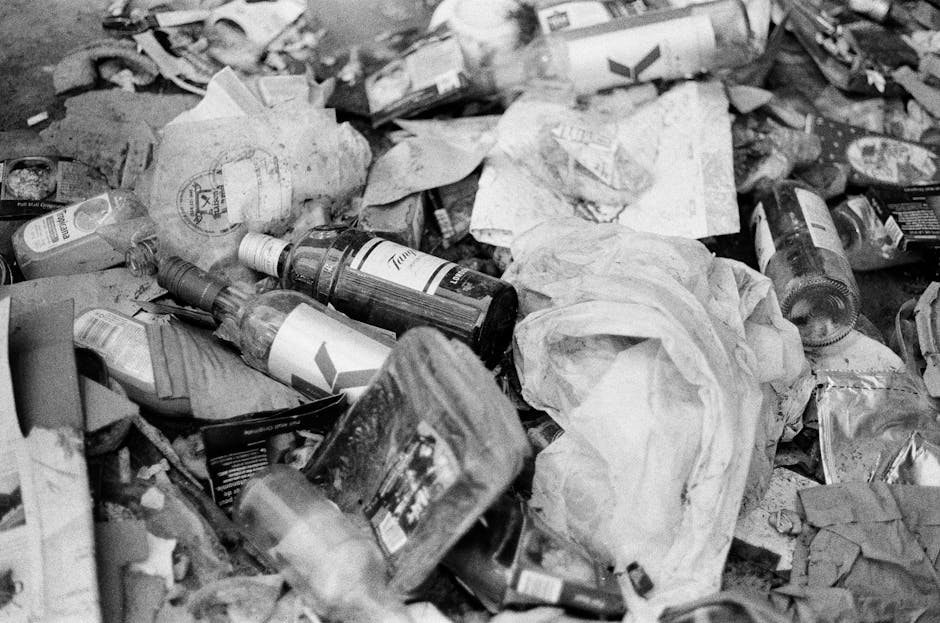 A large accumulation of mixed household waste and rubbish is scattered across a hard surface, likely a driveway or pavement. The debris includes numerous plastic bottles, some with visible labels, crumpled paper and newspaper, and various discarded packaging materials. Several bottles appear to be partially crushed or empty, with different shapes, sizes, and textures, primarily made of transparent or darker plastic. Among the waste, there are also crumpled paper bags, torn cardboard, and other miscellaneous rubbish. The scene appears to be outdoors, with natural lighting casting minimal shadows over the cluttered area. Some waste items are stacked or leaning against each other, creating a chaotic pile typical of fly tipping or improper disposal. This image visually underscores the importance of proper rubbish handling and waste clearance, which companies like Waste Clearance Lewisham provide through private and alternative disposal services, helping to prevent illegal dumping and ensure tidy environments.